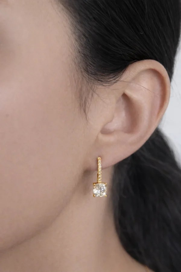 Square Gold Cushion Pave Drop Earring